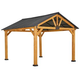 11' x 13' Hardtop Gazebo with Wooden Frame, Permanent Metal Roof Gazebo Canopy with Ceiling Hook for Garden, Patio & Backyard, Natural/Black