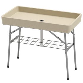 3.4ft Folding Ice Cooler Table with Drain, Fill and Chill Table Outdoor Table Cooler with Storage Shelf (Color: Tan)